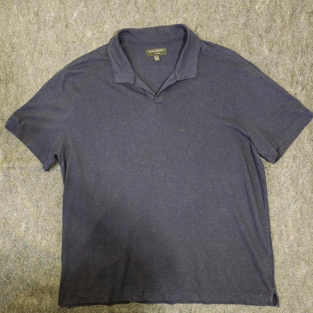 Banana Republic Mens XL Navy Blue Linen Blend Short Sleeve V-Neck Polo Shirt